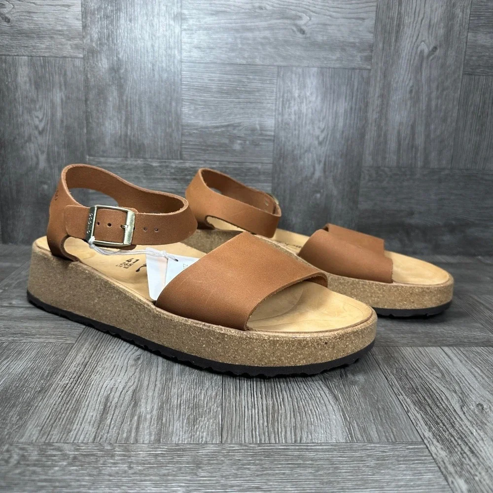 Papillio Sandals Womens 8 Cognac Brown Leather Platform Chunky Ankle Strap NEW